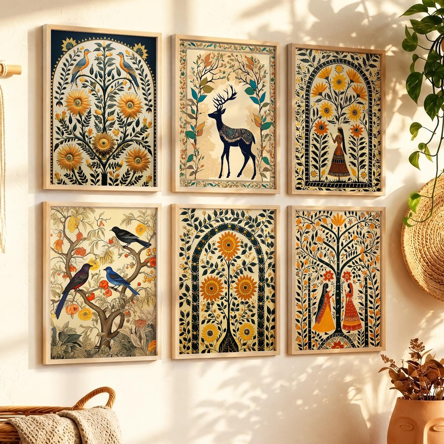 Traditional Indian Inspired Madhubani Art Prints with Frame for Living Room Bedroom Home and Office Wall Decor Set of 6