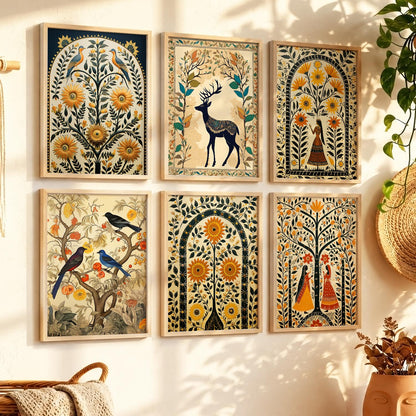 Traditional Indian Inspired Madhubani Art Prints with Frame for Living Room Bedroom Home and Office Wall Decor Set of 6
