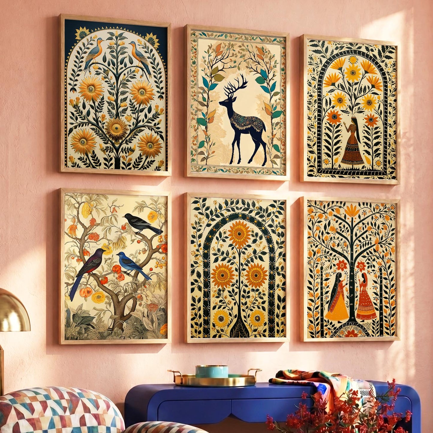 Traditional Indian Inspired Madhubani Art Prints with Frame for Living Room Bedroom Home and Office Wall Decor Set of 6