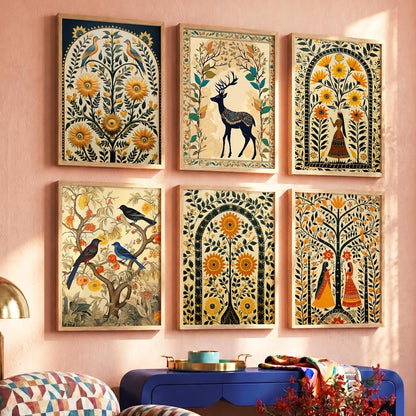 Traditional Indian Inspired Madhubani Art Prints with Frame for Living Room Bedroom Home and Office Wall Decor Set of 6