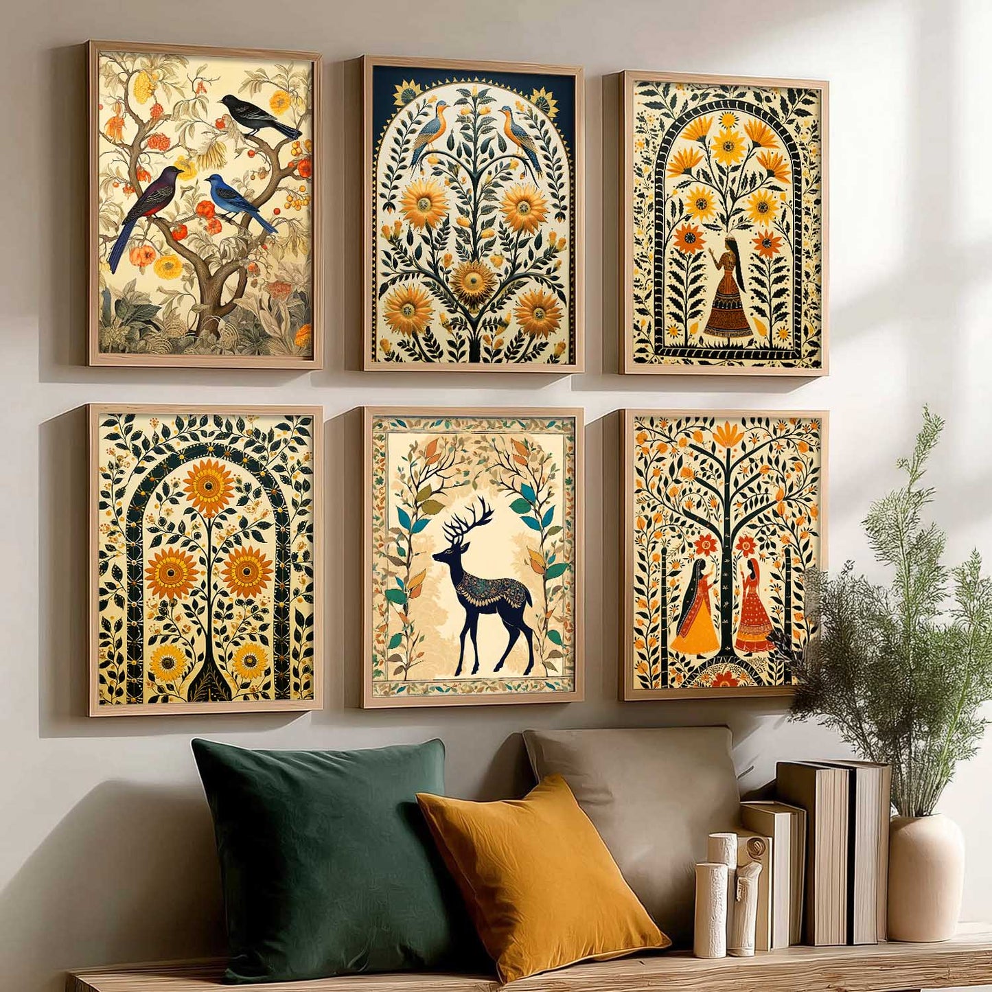 Traditional Indian Inspired Madhubani Art Prints with Frame for Living Room Bedroom Home and Office Wall Decor Set of 6