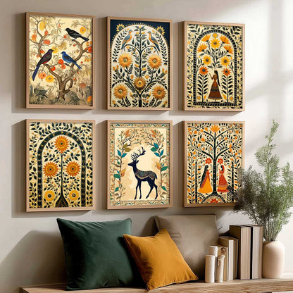 Traditional Indian Inspired Madhubani Art Prints with Frame for Living Room Bedroom Home and Office Wall Decor Set of 6