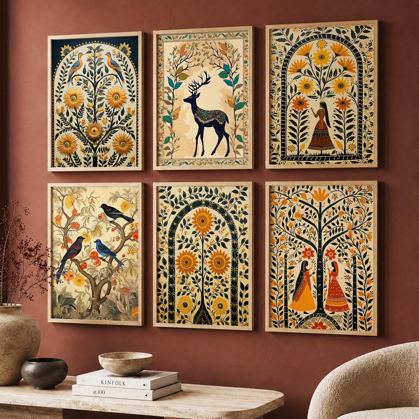Traditional Indian Inspired Madhubani Art Prints with Frame for Living Room Bedroom Home and Office Wall Decor Set of 6