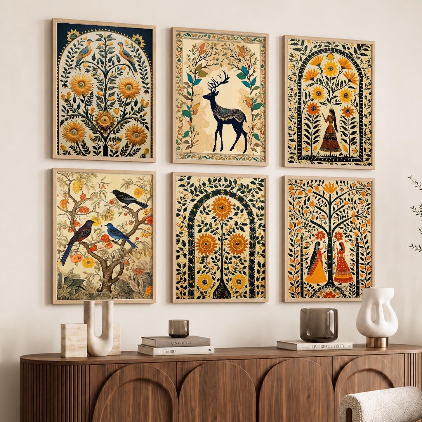 Traditional Indian Inspired Madhubani Art Prints with Frame for Living Room Bedroom Home and Office Wall Decor Set of 6
