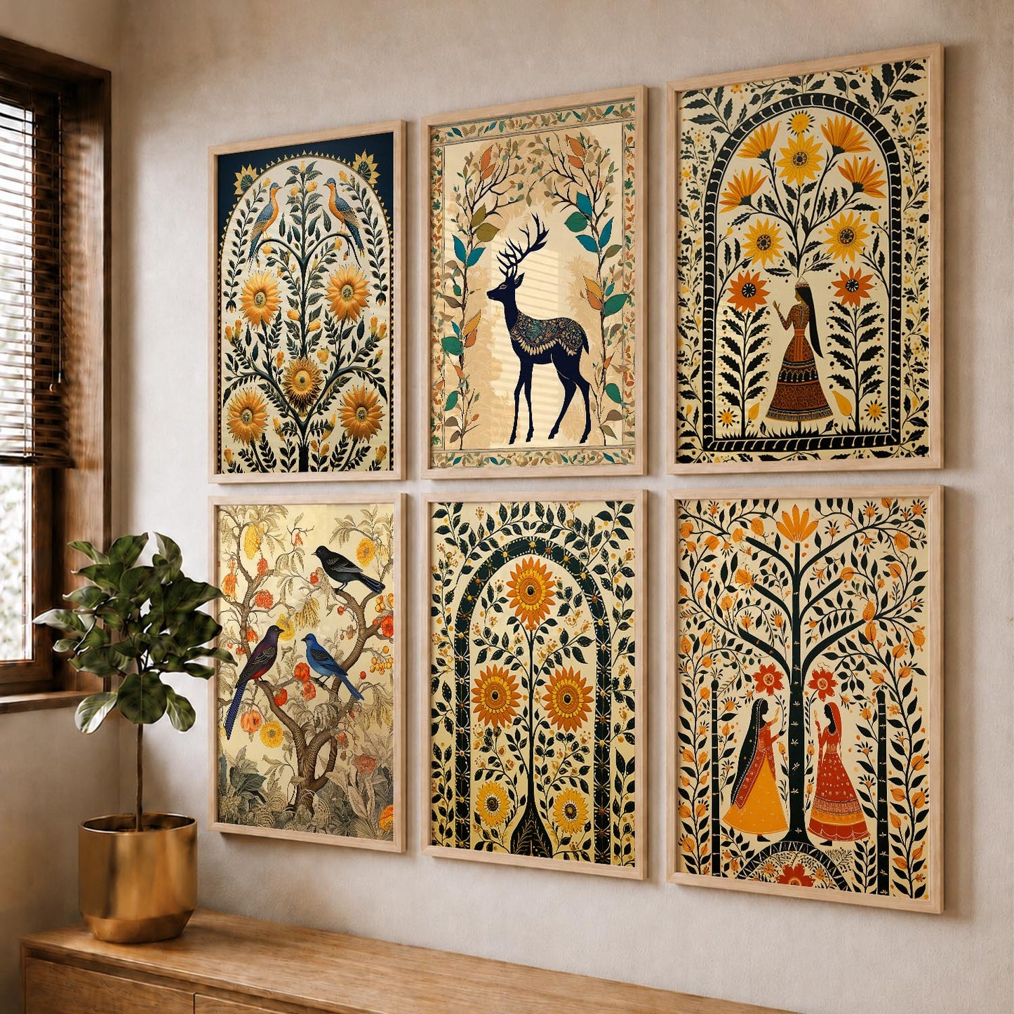 Traditional Indian Inspired Madhubani Art Prints with Frame for Living Room Bedroom Home and Office Wall Decor Set of 6