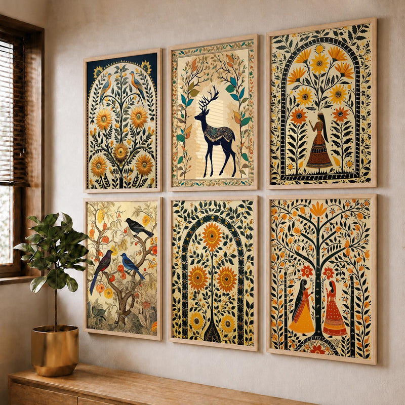 Traditional Indian Inspired Madhubani Art Prints with Frame for Living Room Bedroom Home and Office Wall Decor Set of 6