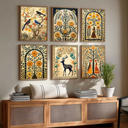 Traditional Indian Inspired Madhubani Art Prints with Frame for Living Room Bedroom Home and Office Wall Decor Set of 6