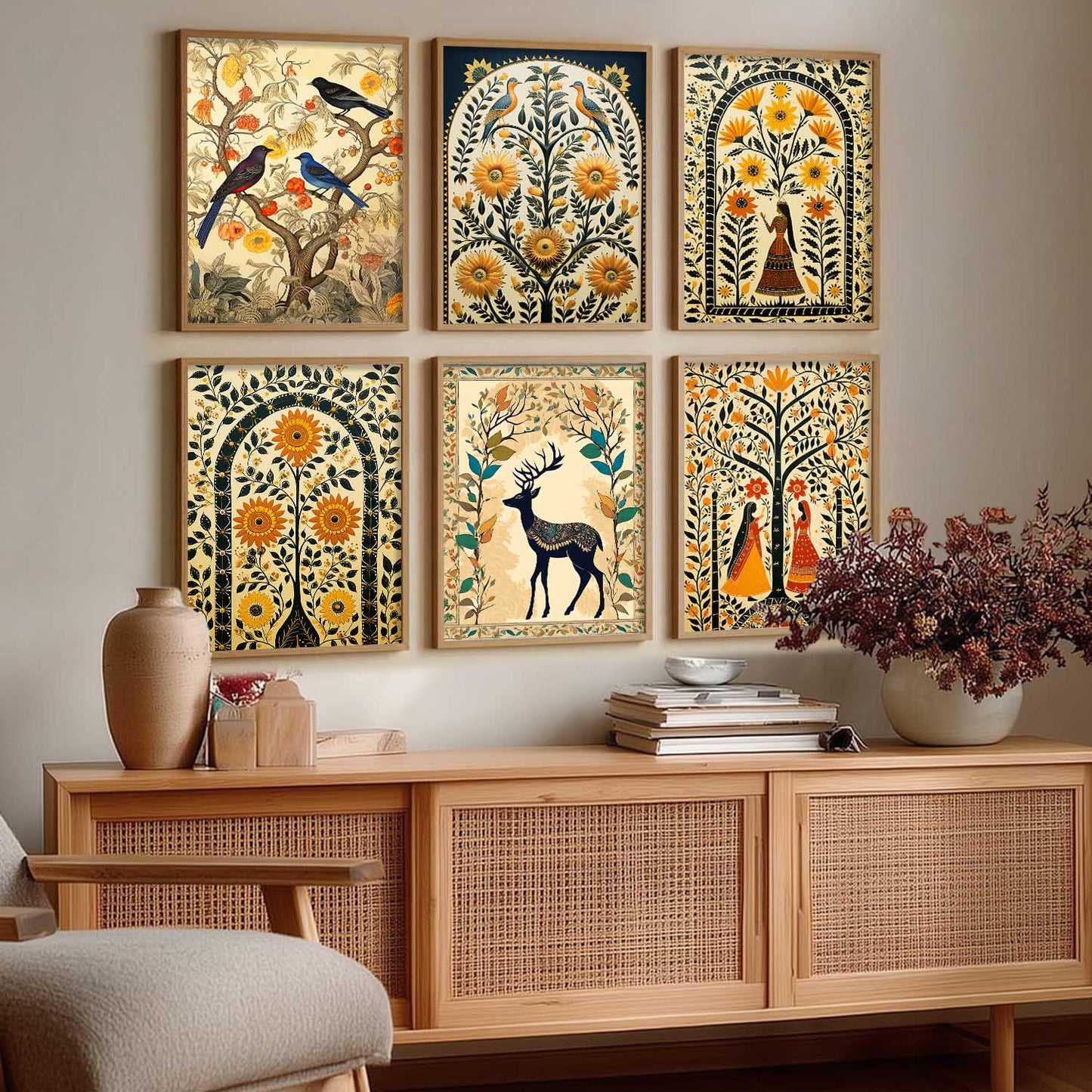 Traditional Indian Inspired Madhubani Art Prints with Frame for Living Room Bedroom Home and Office Wall Decor Set of 6