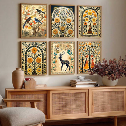 Traditional Indian Inspired Madhubani Art Prints with Frame for Living Room Bedroom Home and Office Wall Decor Set of 6