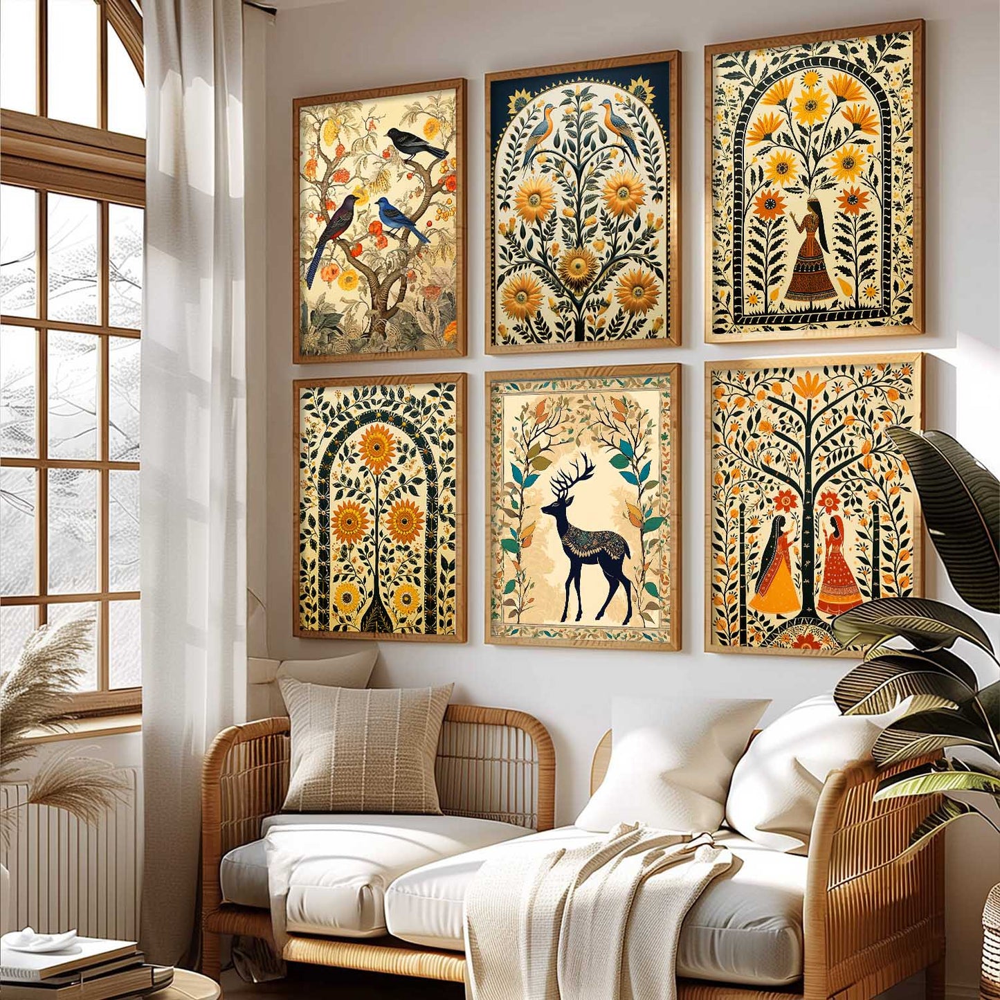 Traditional Indian Inspired Madhubani Art Prints with Frame for Living Room Bedroom Home and Office Wall Decor Set of 6