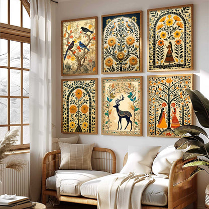 Traditional Indian Inspired Madhubani Art Prints with Frame for Living Room Bedroom Home and Office Wall Decor Set of 6