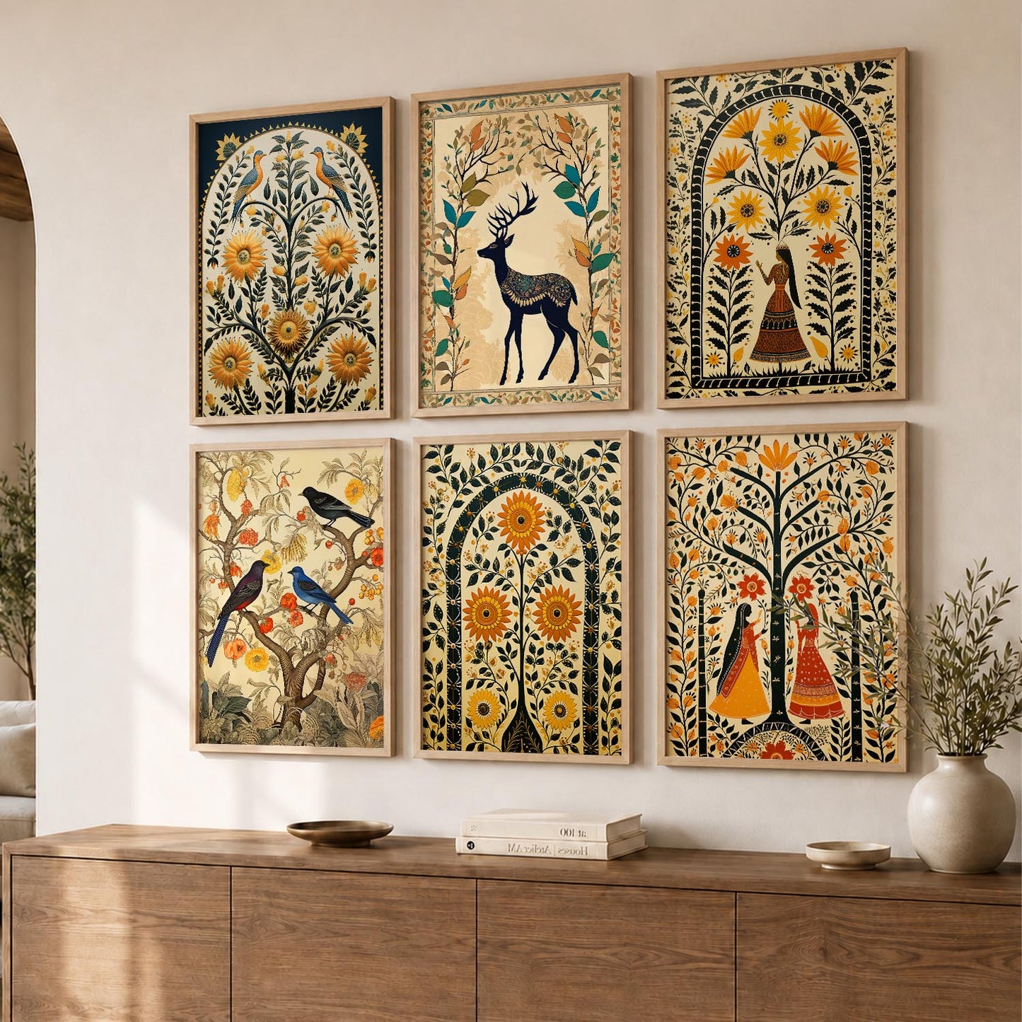 Traditional Indian Inspired Madhubani Art Prints with Frame for Living Room Bedroom Home and Office Wall Decor Set of 6