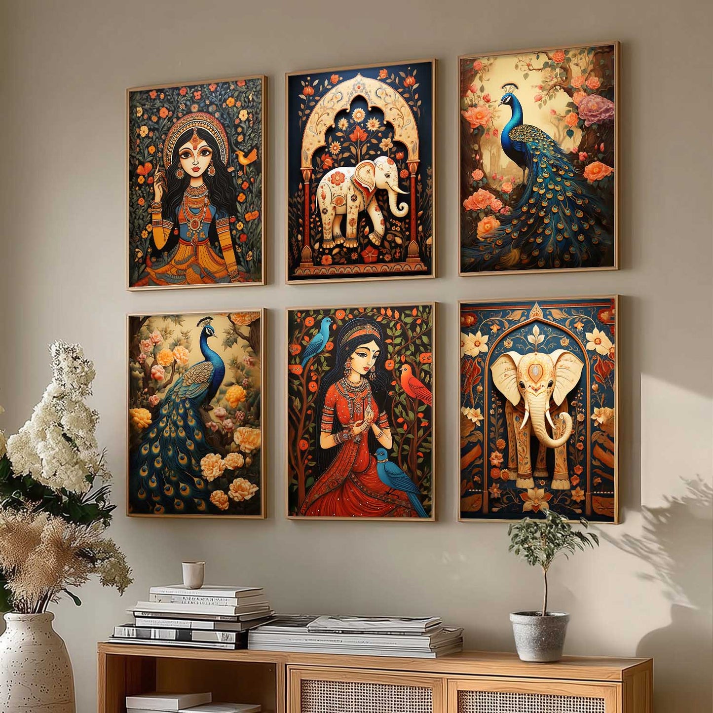 Traditional Indian Inspired Madhubani Art Prints with Frame for Living Room Bedroom Home and Office Wall Decor Set of 6