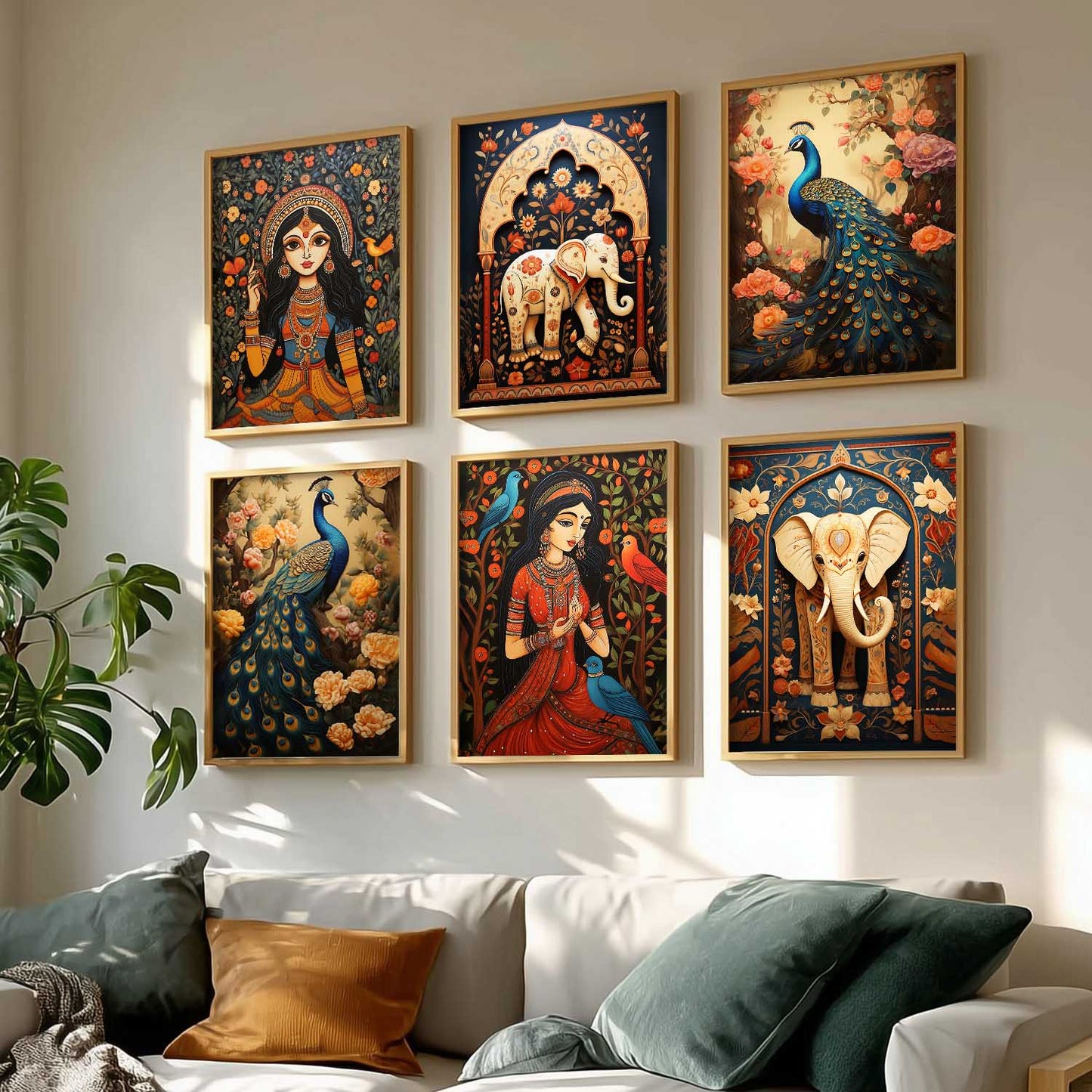 Traditional Indian Inspired Madhubani Art Prints with Frame for Living Room Bedroom Home and Office Wall Decor Set of 6