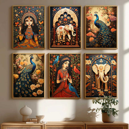 Traditional Indian Inspired Madhubani Art Prints with Frame for Living Room Bedroom Home and Office Wall Decor Set of 6