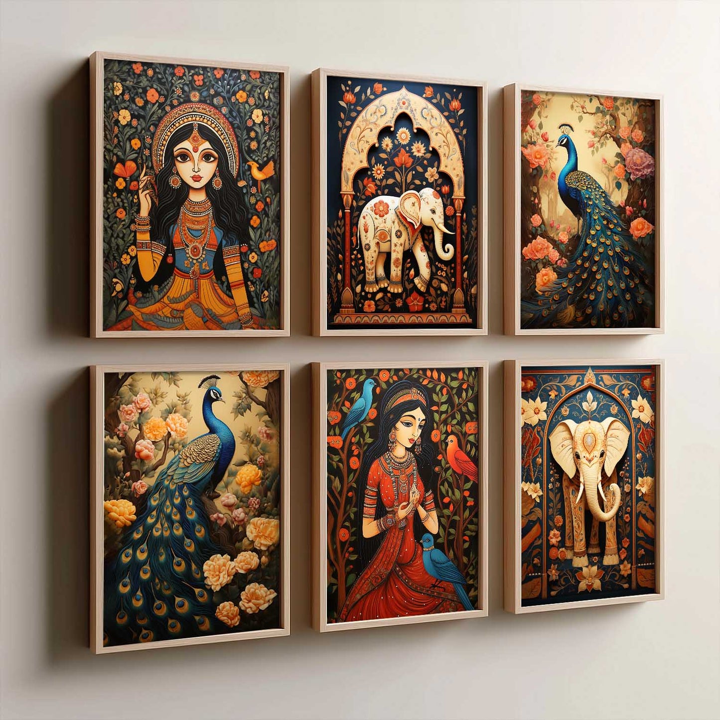 Traditional Indian Inspired Madhubani Art Prints with Frame for Living Room Bedroom Home and Office Wall Decor Set of 6