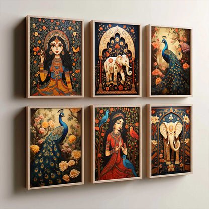 Traditional Indian Inspired Madhubani Art Prints with Frame for Living Room Bedroom Home and Office Wall Decor Set of 6