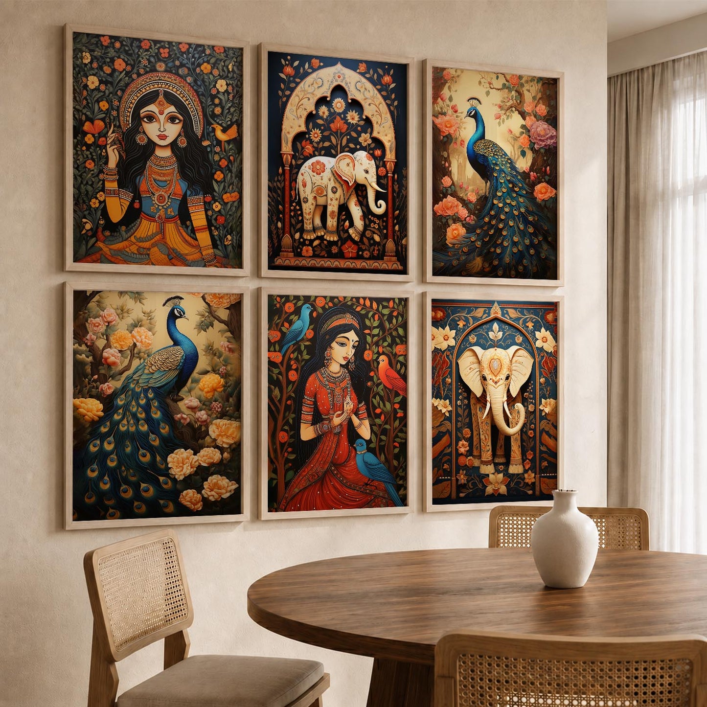 Traditional Indian Inspired Madhubani Art Prints with Frame for Living Room Bedroom Home and Office Wall Decor Set of 6