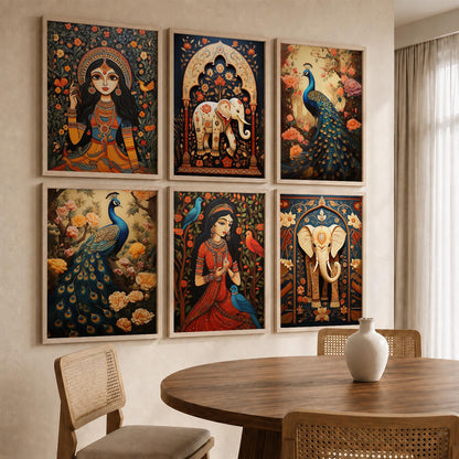 Traditional Indian Inspired Madhubani Art Prints with Frame for Living Room Bedroom Home and Office Wall Decor Set of 6