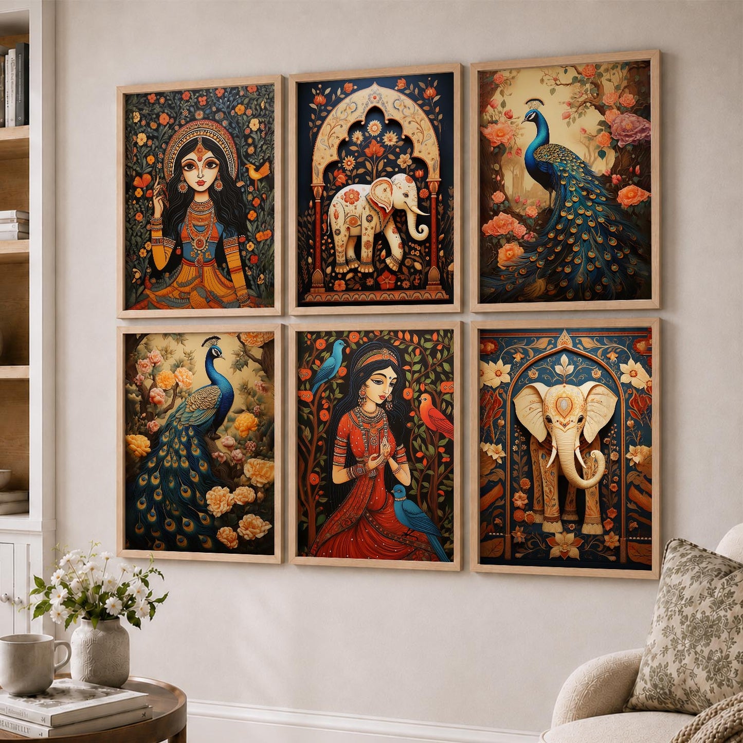 Traditional Indian Inspired Madhubani Art Prints with Frame for Living Room Bedroom Home and Office Wall Decor Set of 6