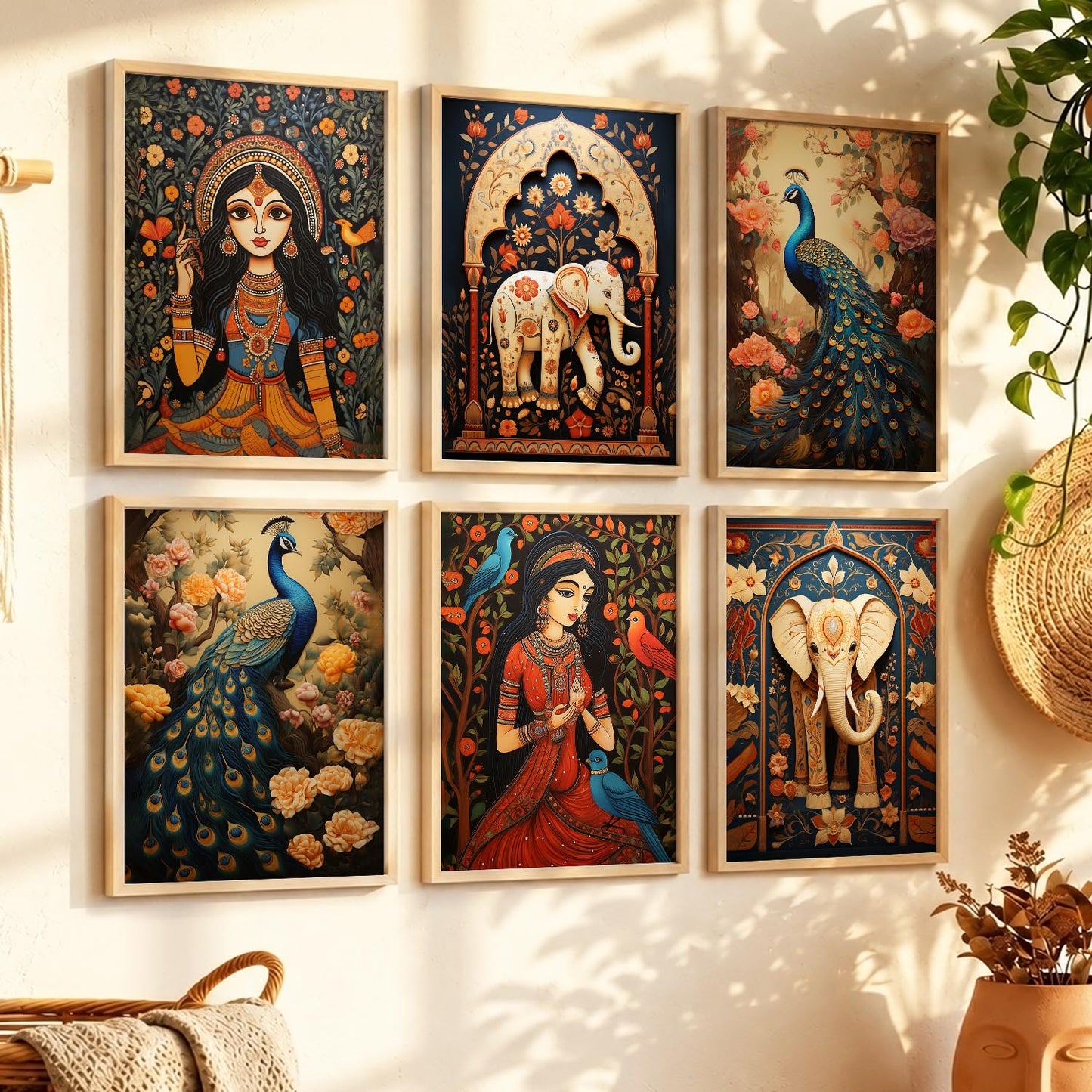 Traditional Indian Inspired Madhubani Art Prints with Frame for Living Room Bedroom Home and Office Wall Decor Set of 6