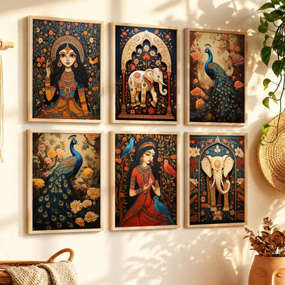 Traditional Indian Inspired Madhubani Art Prints with Frame for Living Room Bedroom Home and Office Wall Decor Set of 6