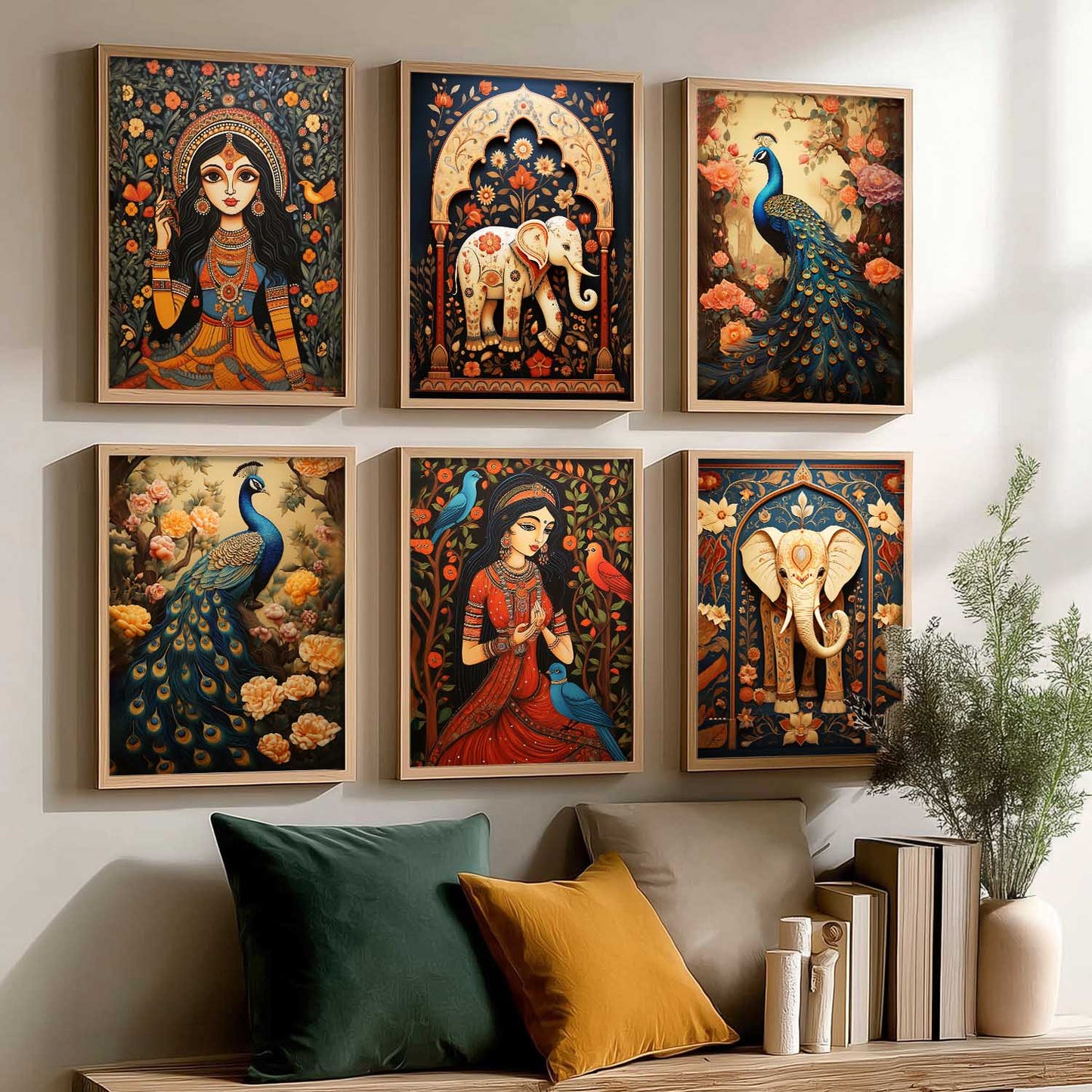 Traditional Indian Inspired Madhubani Art Prints with Frame for Living Room Bedroom Home and Office Wall Decor Set of 6