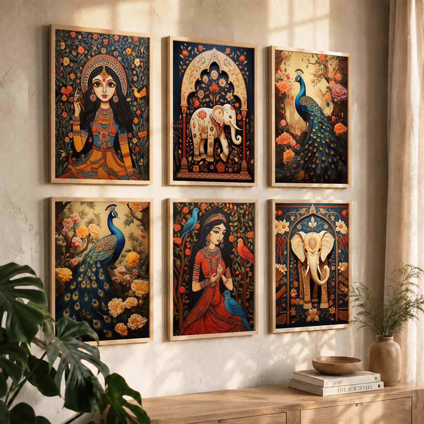 Traditional Indian Inspired Madhubani Art Prints with Frame for Living Room Bedroom Home and Office Wall Decor Set of 6
