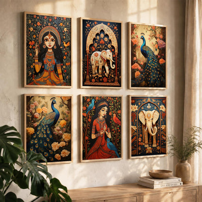 Traditional Indian Inspired Madhubani Art Prints with Frame for Living Room Bedroom Home and Office Wall Decor Set of 6