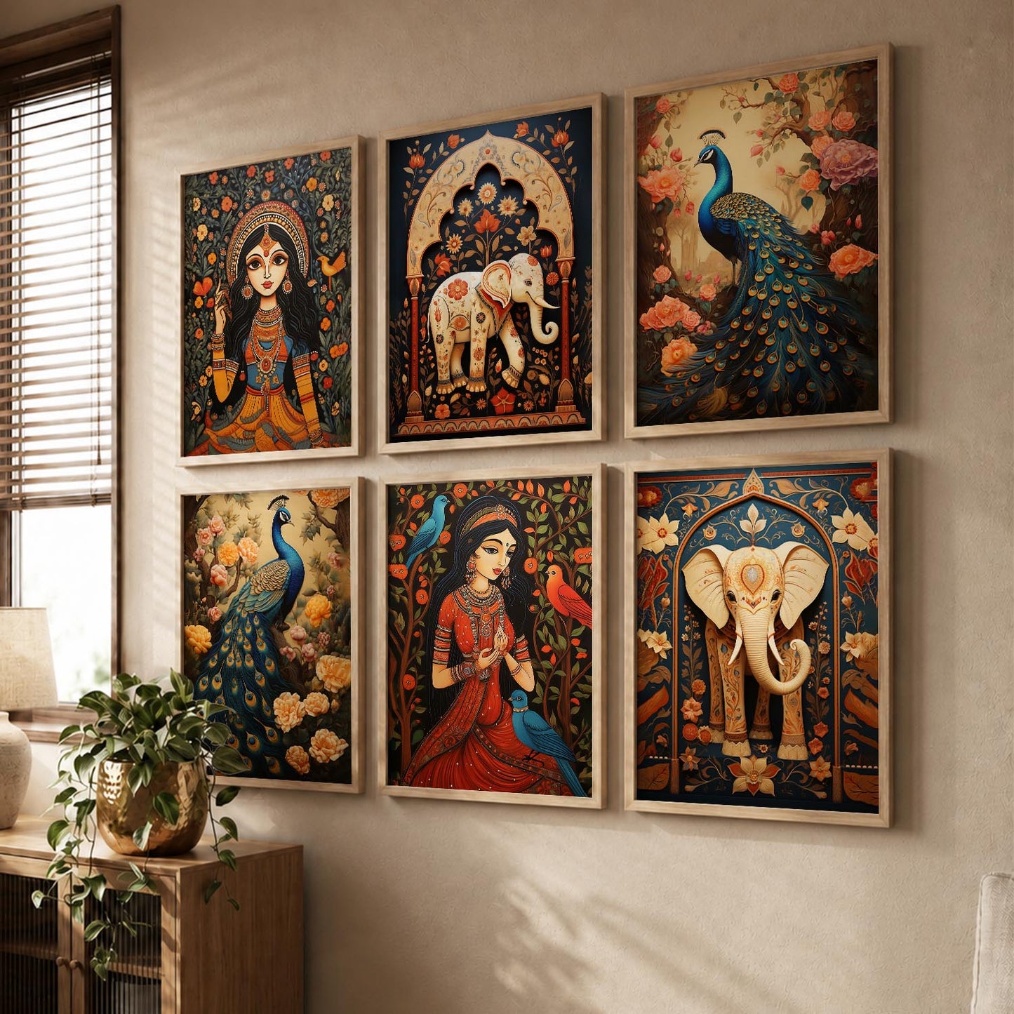 Traditional Indian Inspired Madhubani Art Prints with Frame for Living Room Bedroom Home and Office Wall Decor Set of 6