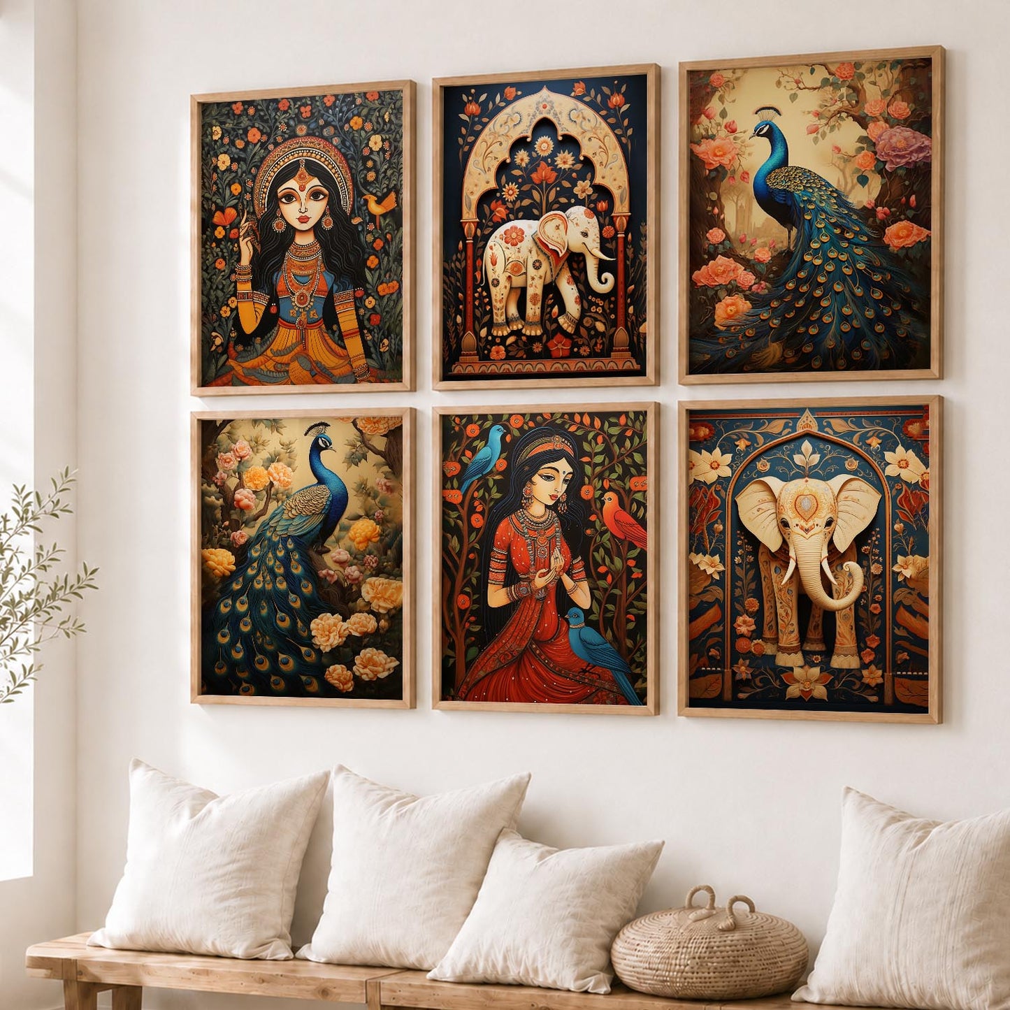 Traditional Indian Inspired Madhubani Art Prints with Frame for Living Room Bedroom Home and Office Wall Decor Set of 6