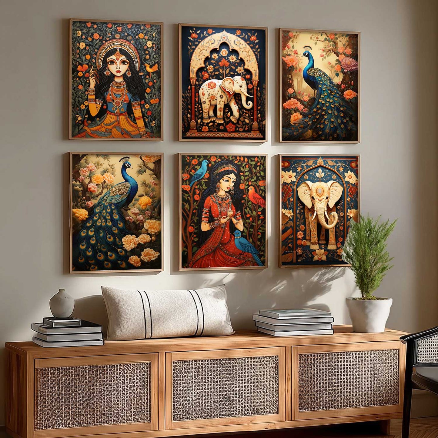 Traditional Indian Inspired Madhubani Art Prints with Frame for Living Room Bedroom Home and Office Wall Decor Set of 6