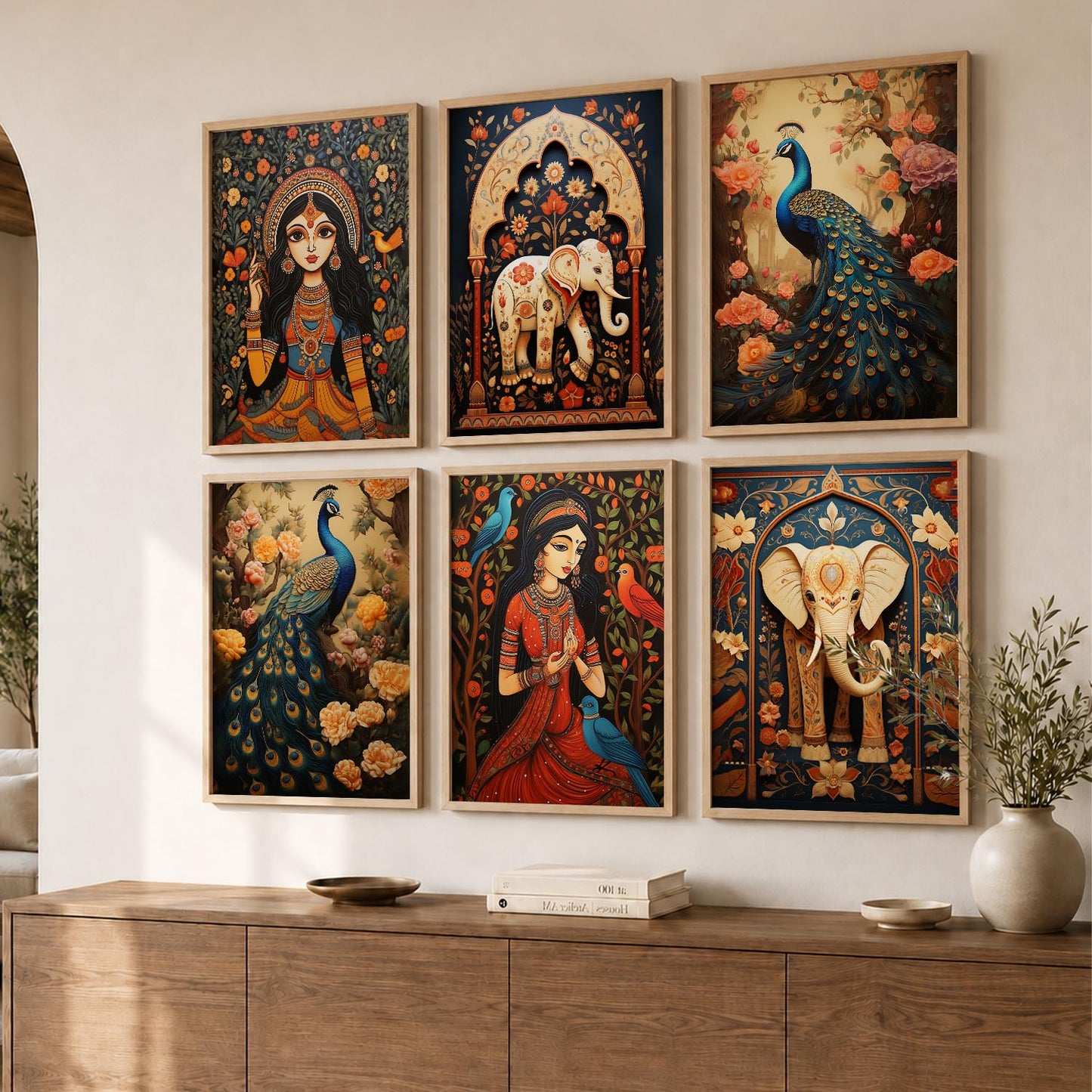 Traditional Indian Inspired Madhubani Art Prints with Frame for Living Room Bedroom Home and Office Wall Decor Set of 6