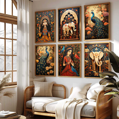 Traditional Indian Inspired Madhubani Art Prints with Frame for Living Room Bedroom Home and Office Wall Decor Set of 6