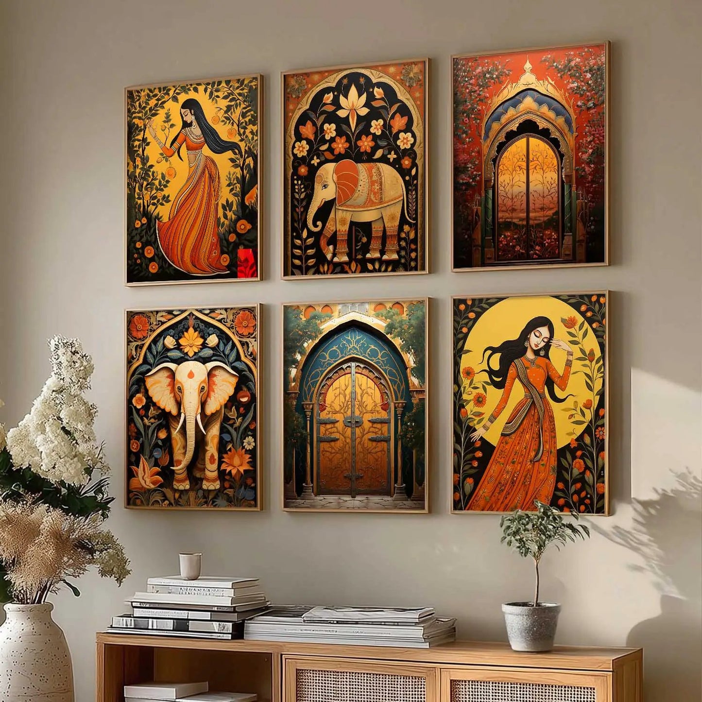 Traditional Indian Inspired Madhubani Art Prints with Frame for Living Room Bedroom Home and Office Wall Decor Set of 6