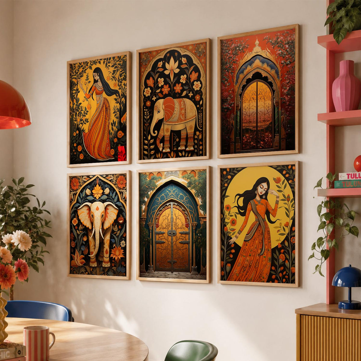 Traditional Indian Inspired Madhubani Art Prints with Frame for Living Room Bedroom Home and Office Wall Decor Set of 6