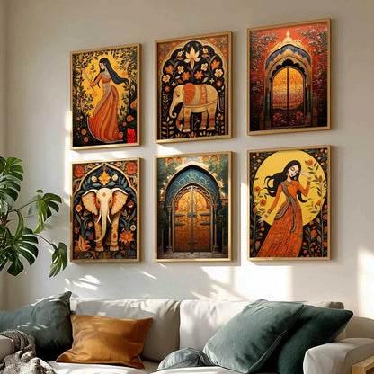 Traditional Indian Inspired Madhubani Art Prints with Frame for Living Room Bedroom Home and Office Wall Decor Set of 6