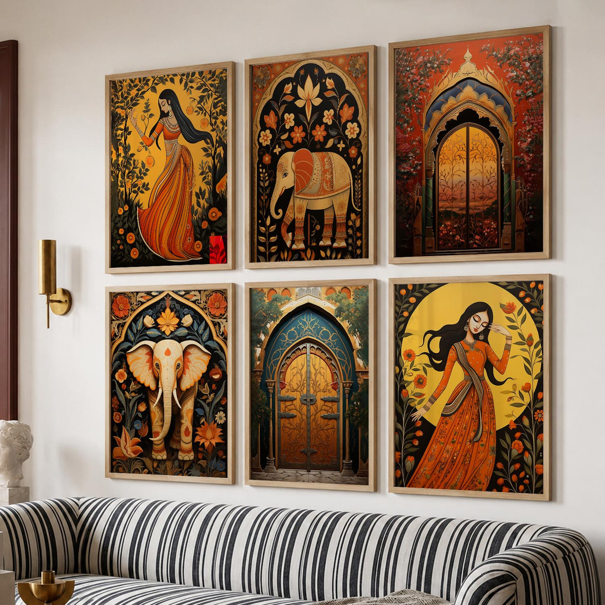 Traditional Indian Inspired Madhubani Art Prints with Frame for Living Room Bedroom Home and Office Wall Decor Set of 6