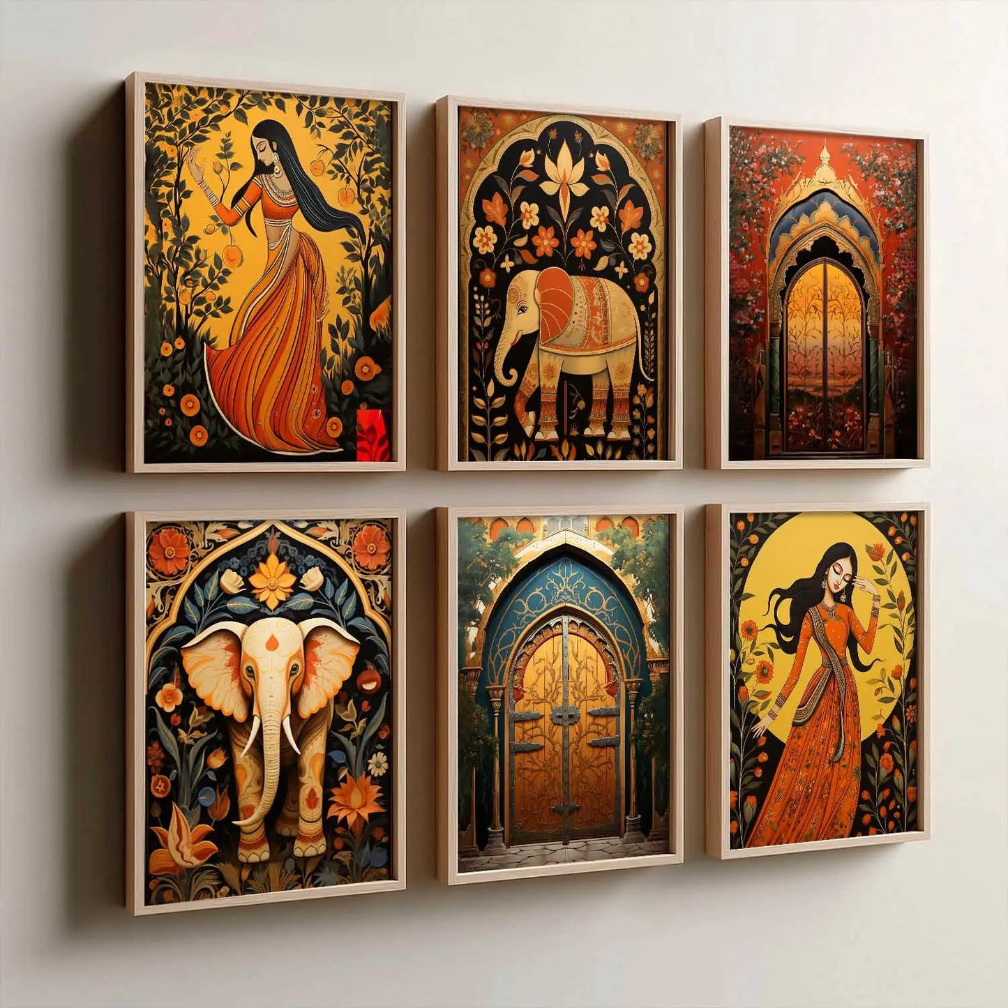 Traditional Indian Inspired Madhubani Art Prints with Frame for Living Room Bedroom Home and Office Wall Decor Set of 6