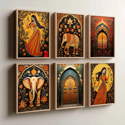 Traditional Indian Inspired Madhubani Art Prints with Frame for Living Room Bedroom Home and Office Wall Decor Set of 6
