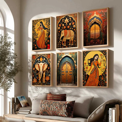 Traditional Indian Inspired Madhubani Art Prints with Frame for Living Room Bedroom Home and Office Wall Decor Set of 6