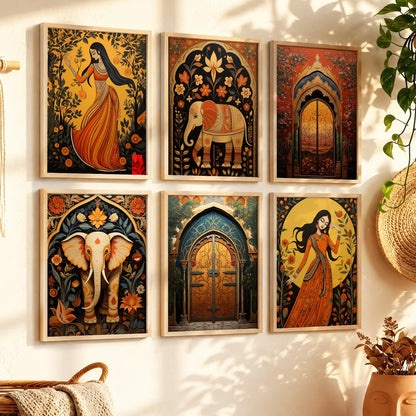 Traditional Indian Inspired Madhubani Art Prints with Frame for Living Room Bedroom Home and Office Wall Decor Set of 6