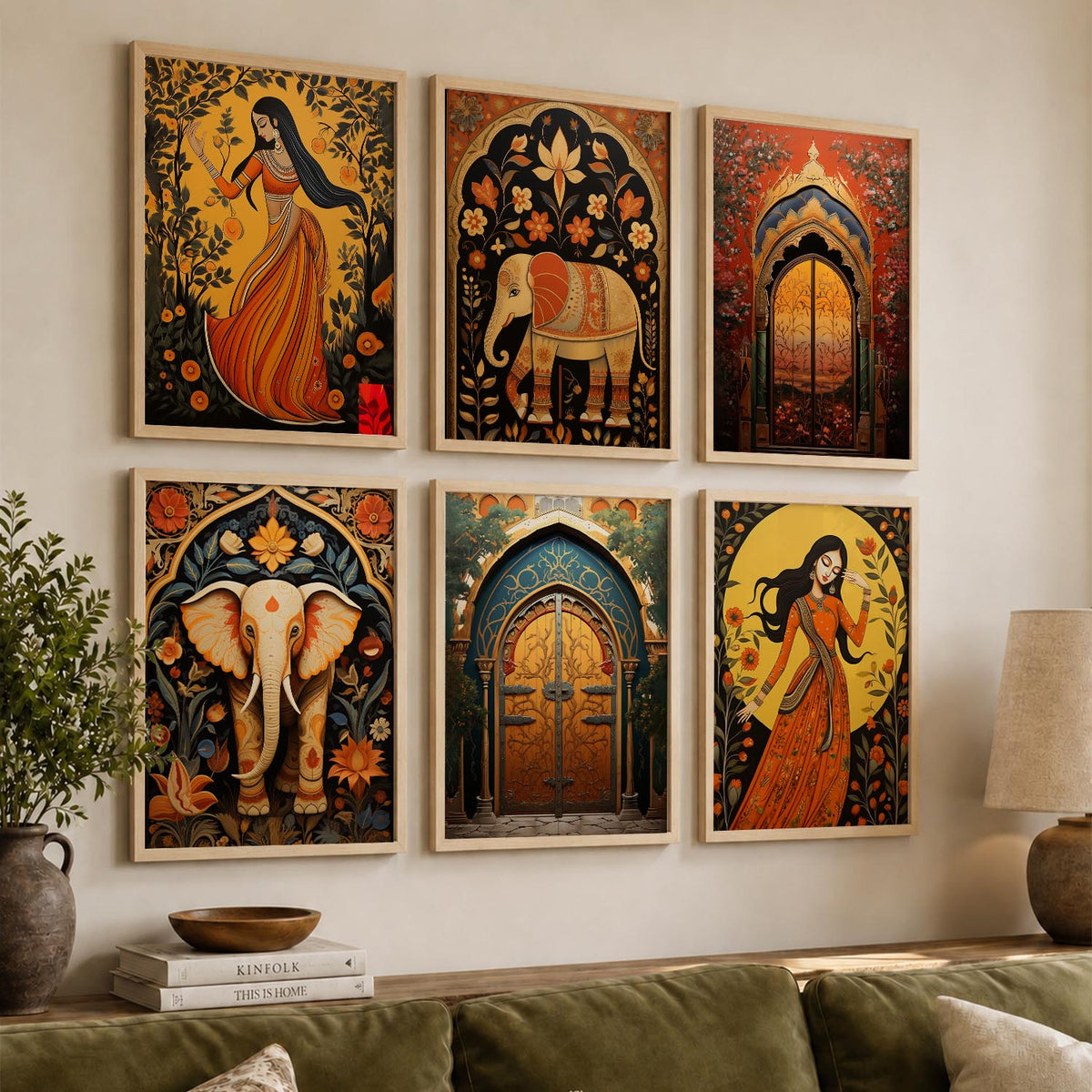Traditional Indian Inspired Madhubani Art Prints with Frame for Living Room Bedroom Home and Office Wall Decor Set of 6