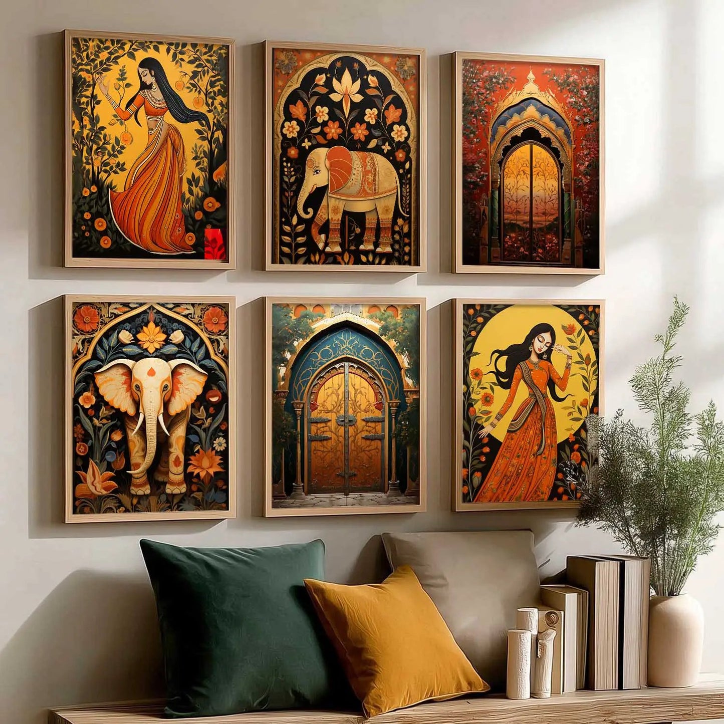 Traditional Indian Inspired Madhubani Art Prints with Frame for Living Room Bedroom Home and Office Wall Decor Set of 6