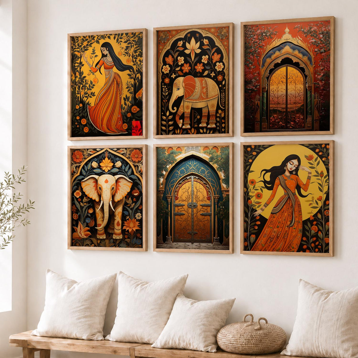 Traditional Indian Inspired Madhubani Art Prints with Frame for Living Room Bedroom Home and Office Wall Decor Set of 6
