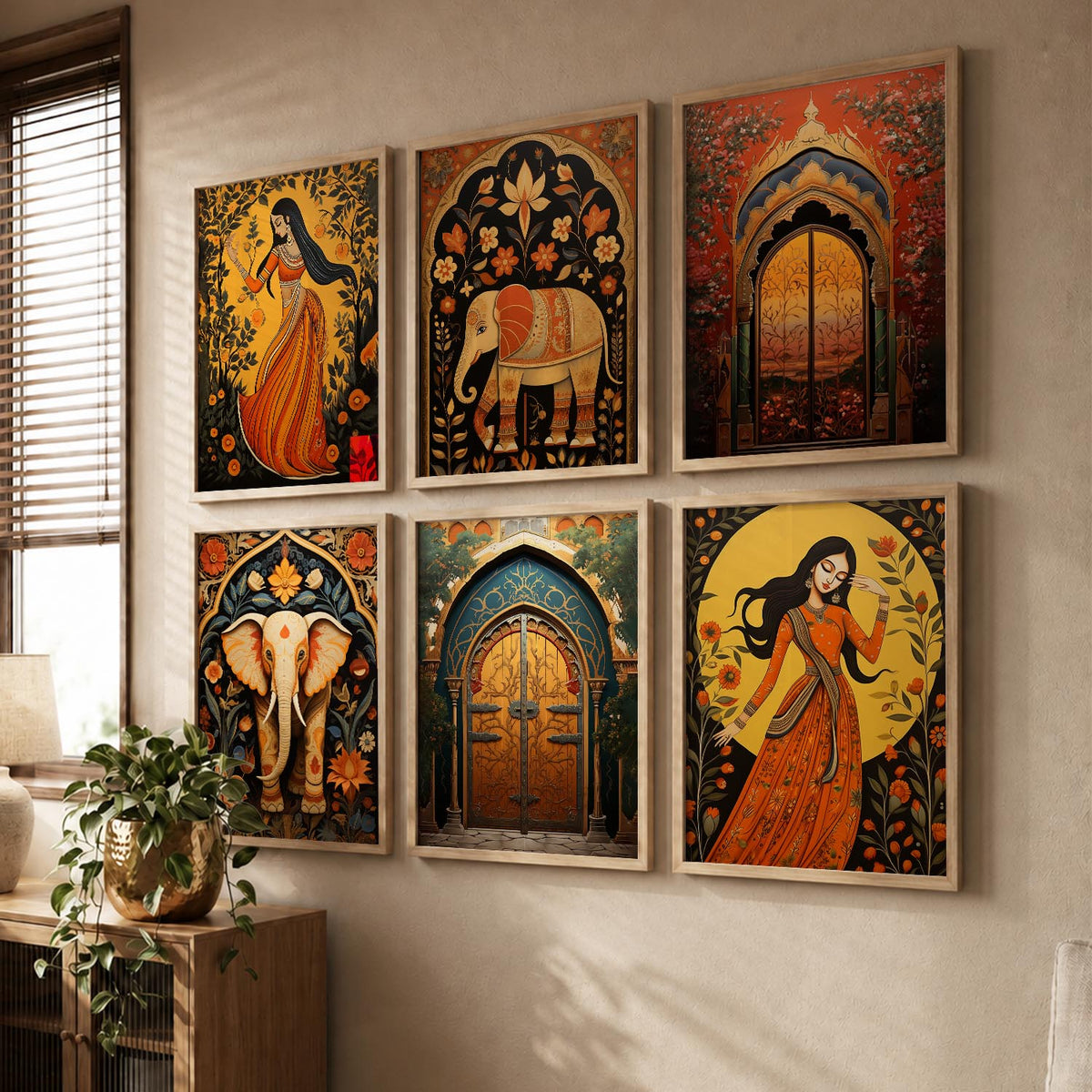 Traditional Indian Inspired Madhubani Art Prints with Frame for Living Room Bedroom Home and Office Wall Decor Set of 6