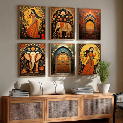 Traditional Indian Inspired Madhubani Art Prints with Frame for Living Room Bedroom Home and Office Wall Decor Set of 6
