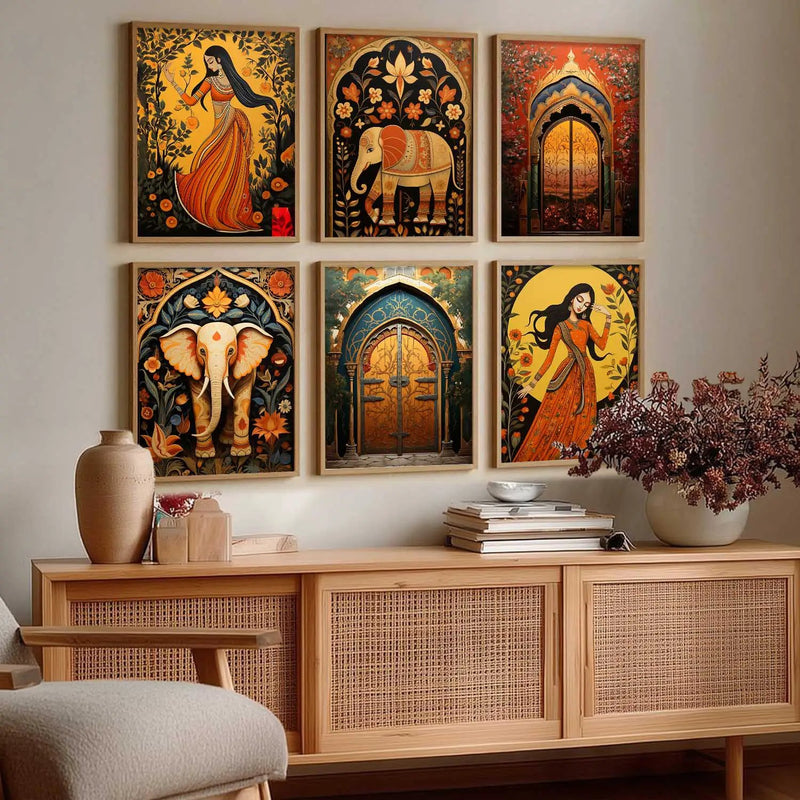Traditional Indian Inspired Madhubani Art Prints with Frame for Living Room Bedroom Home and Office Wall Decor Set of 6