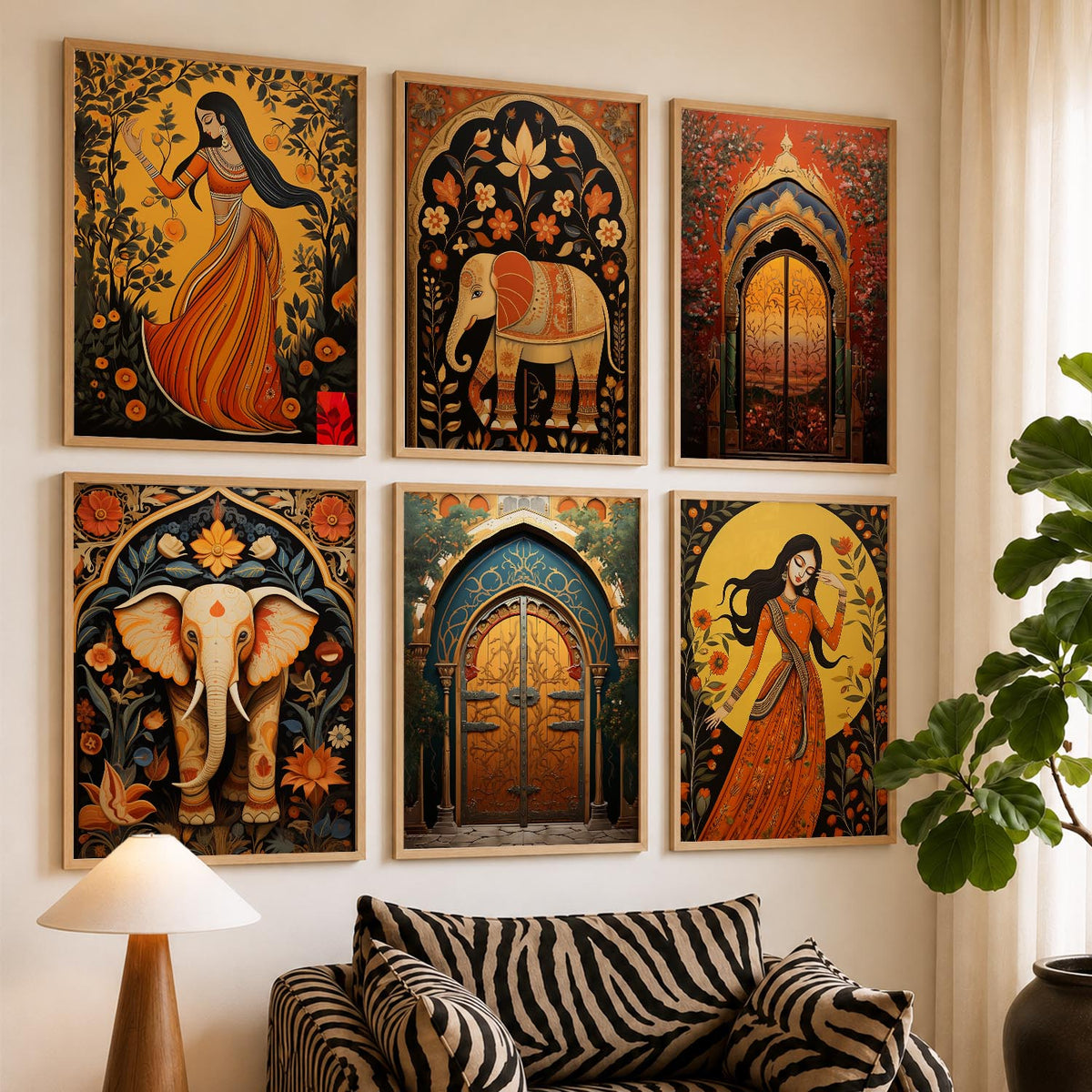 Traditional Indian Inspired Madhubani Art Prints with Frame for Living Room Bedroom Home and Office Wall Decor Set of 6
