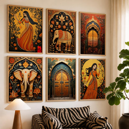 Traditional Indian Inspired Madhubani Art Prints with Frame for Living Room Bedroom Home and Office Wall Decor Set of 6